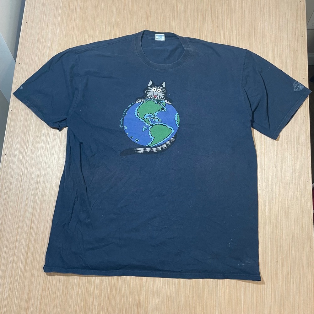 Crazy Shirts Mens XXL Navy Blue Kliban Cat Handle With Care Earth Graphic Tee